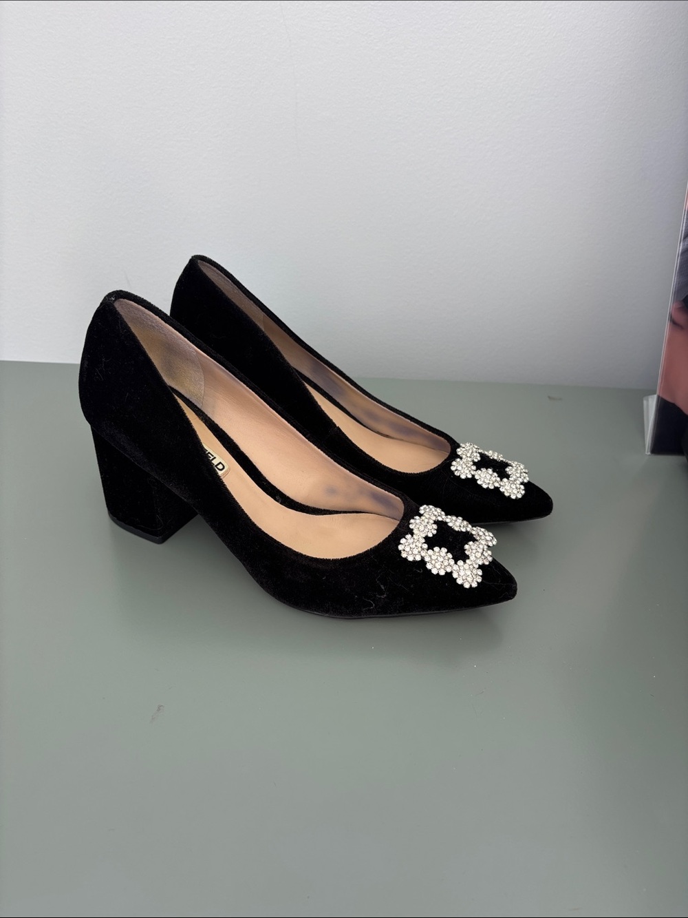 Karl Lagerfeld Black Suede Pointed Block Heel Pumps with Crystal Embellishment